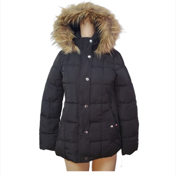 NWT Tommy Hilfiger Black Puffer Coat with Faux Fur Hood XL Pit 22 1/2 - Picture 12 of 13